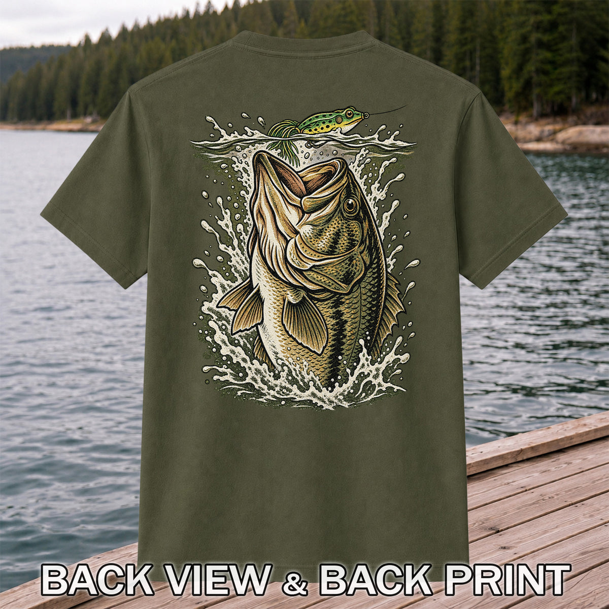 Largemouth Bass Striking a Frog Lure Fishing Graphic T-Shirt | Back Print