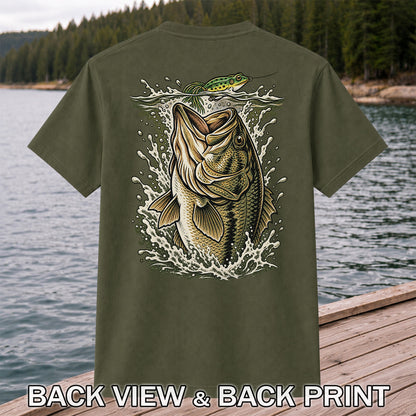 Largemouth Bass Striking a Frog Lure Fishing Graphic T-Shirt | Back Print