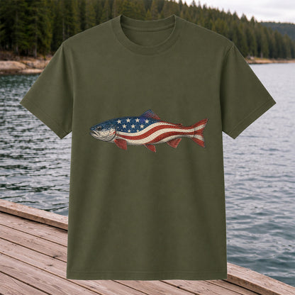 American Flag Trout Patriotic Fishing Graphic T-Shirt