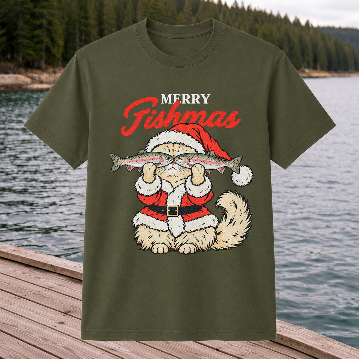 Santa Cat Holding Trout Merry Christmas Fishing T-Shirt