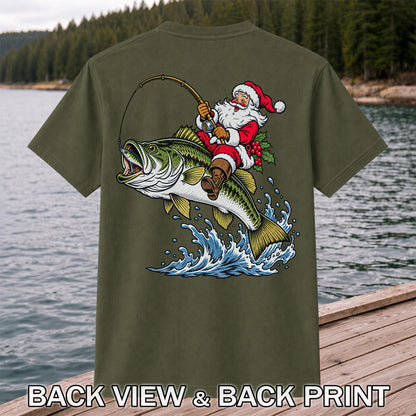 Santa Claus Riding a Bass Christmas Fishing Graphic T-Shirt | Back Print