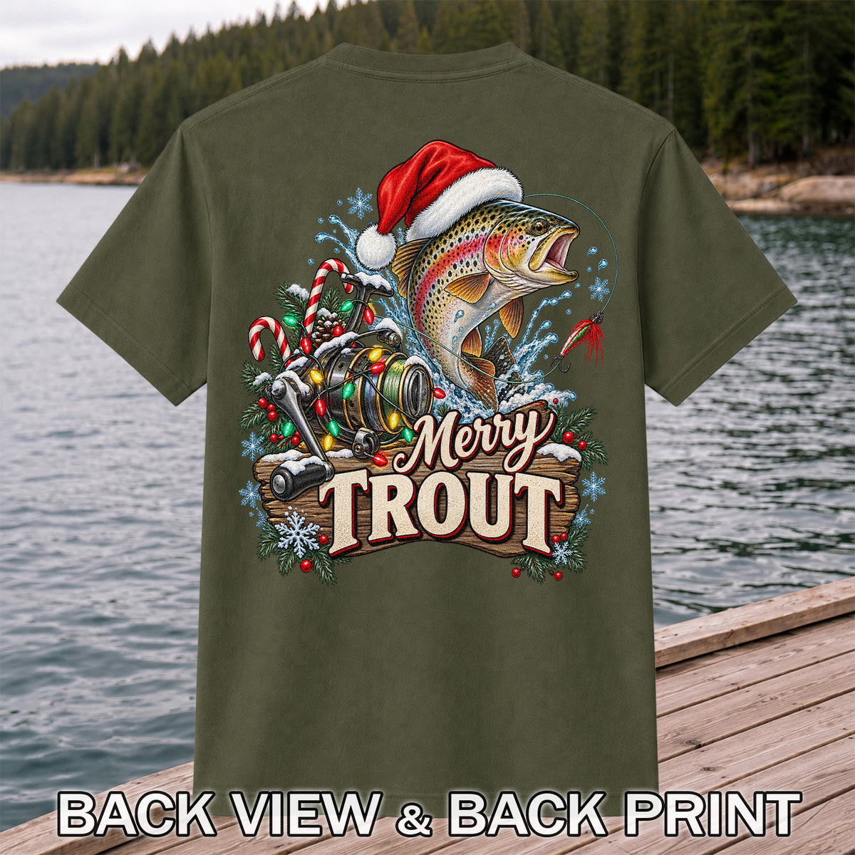 Merry Trout Christmas Rainbow Trout and Fishing Reel T-Shirt | Back Print