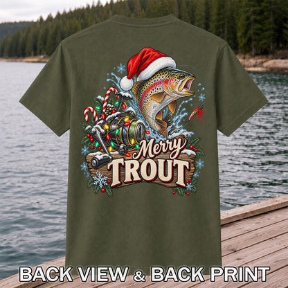 Merry Trout Christmas Rainbow Trout and Fishing Reel T-Shirt | Back Print