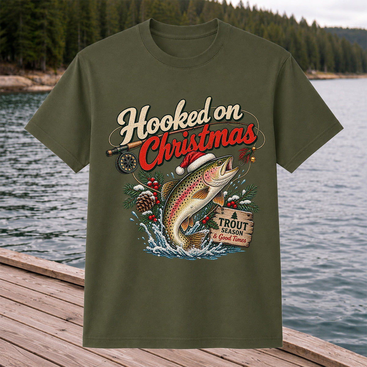 Hooked on Christmas Rainbow Trout in Santa Hat Fishing T-Shirt