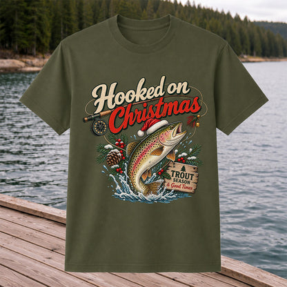 Hooked on Christmas Rainbow Trout in Santa Hat Fishing T-Shirt