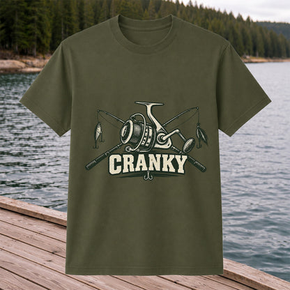 Cranky Fishing Reel and Crossed Rods Graphic T-Shirt