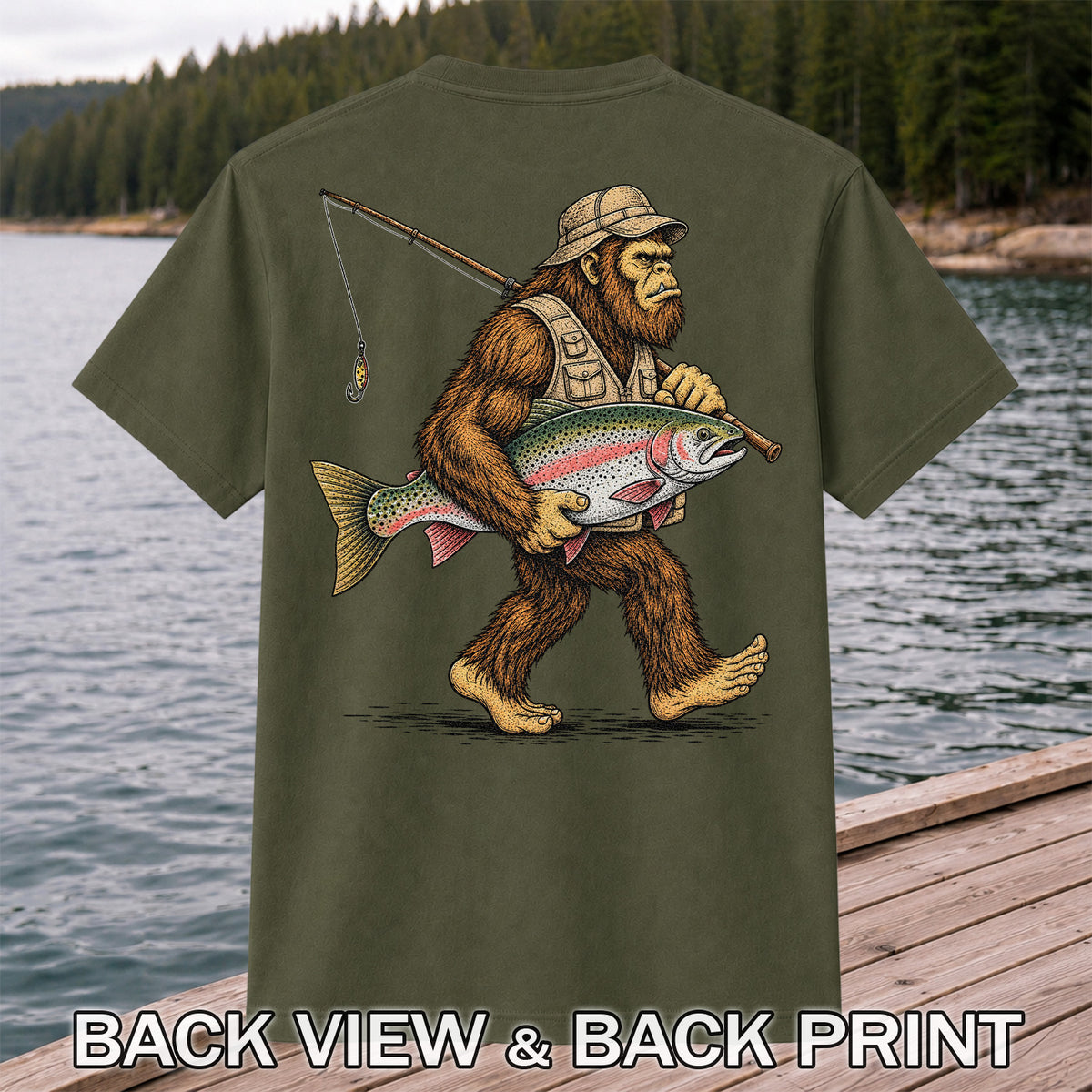 Bigfoot Carrying a Rainbow Trout and Fishing Rod Graphic T-Shirt | Back Print