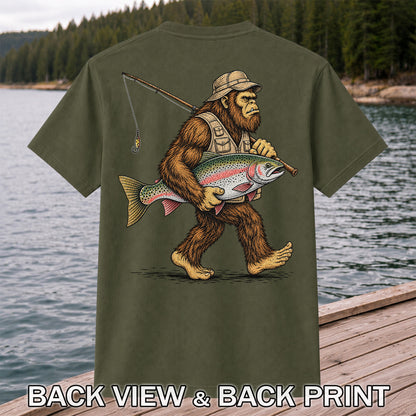 Bigfoot Carrying a Rainbow Trout and Fishing Rod Graphic T-Shirt | Back Print
