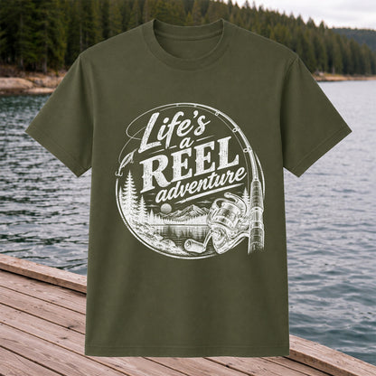 Life's a Reel Adventure Fishing Rod and Mountain Lake T-Shirt