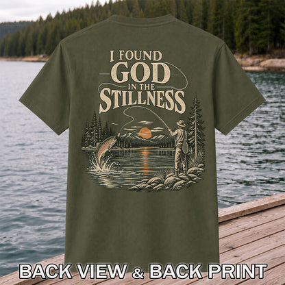 I Found God in the Stillness Trout Fly Fishing Sunset T-Shirt | Back Print