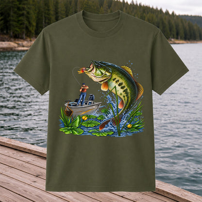 Largemouth Bass Leaping Beside Fishing Boat Graphic T-Shirt