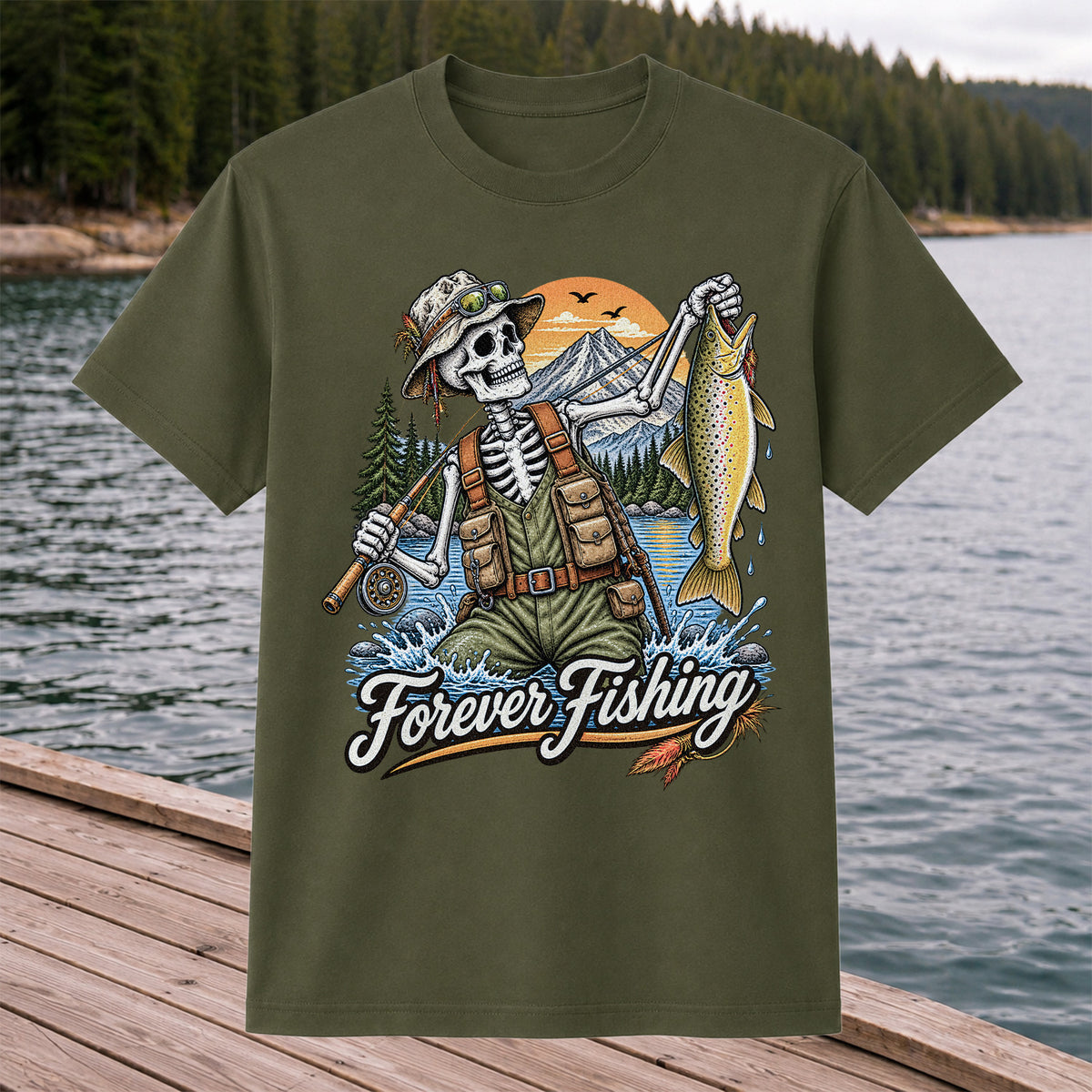 Forever Fishing Skeleton Angler Holding Brown Trout Graphic T-Shirt