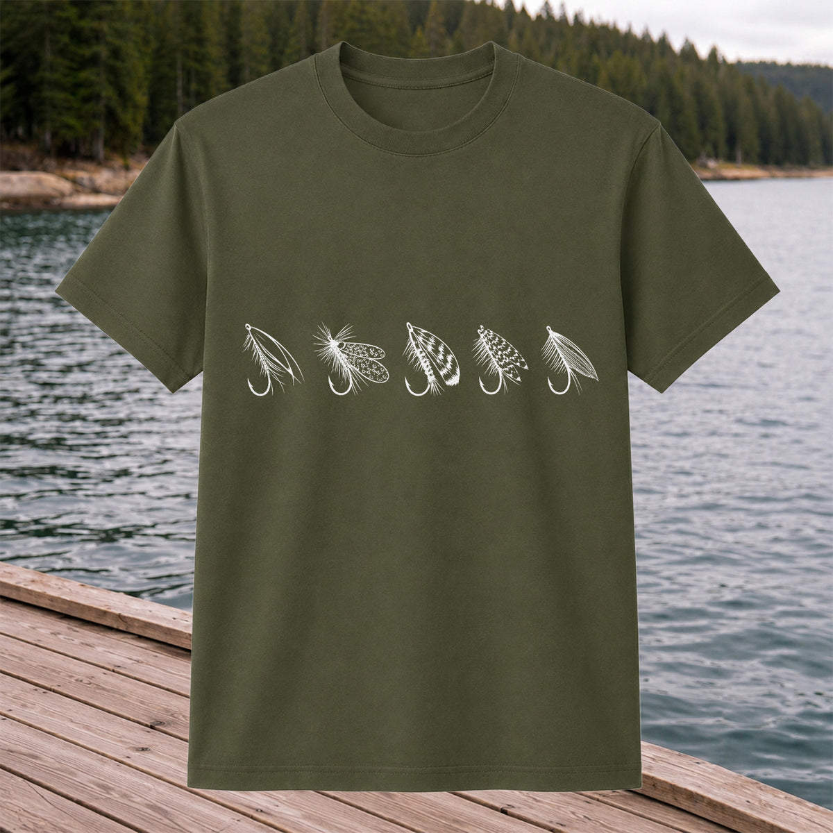 Five Fly Fishing Lures Minimalist Line Art T-Shirt