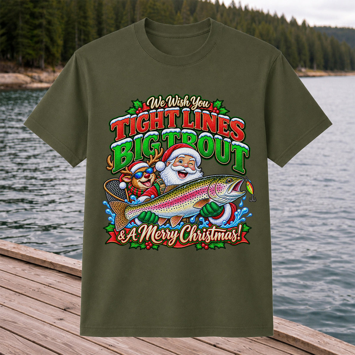 We Wish You Tight Lines Big Trout & a Merry Christmas Santa and Reindeer Fishing T-Shirt