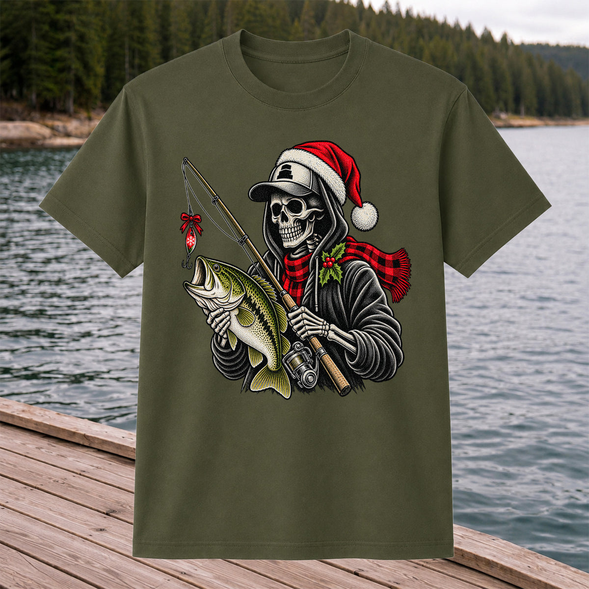 Christmas Skeleton Angler with Santa Hat and Bass Fishing T-Shirt