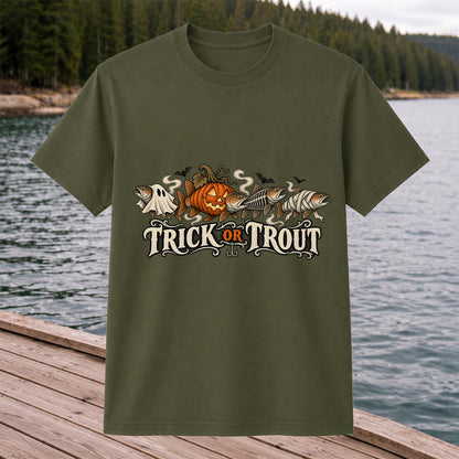 Trick or Trout Halloween Fish Lineup Fishing T-Shirt