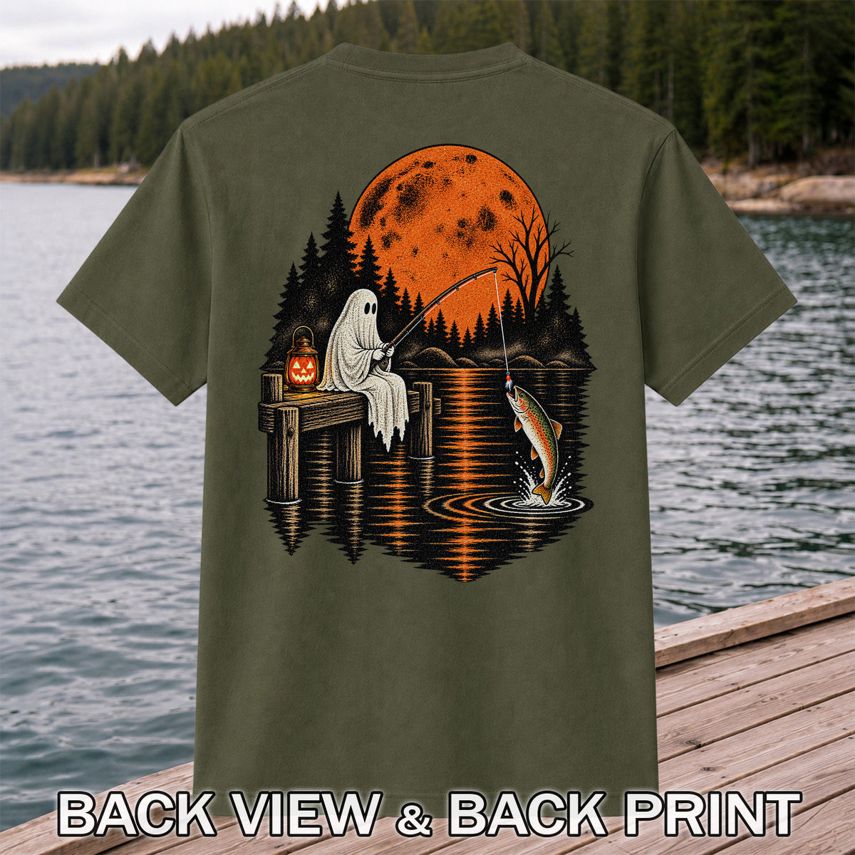 Ghost Fishing for Rainbow Trout Under an Orange Moon Halloween T-Shirt | Back Print