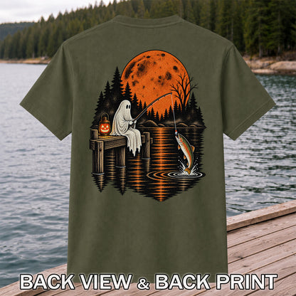Ghost Fishing for Rainbow Trout Under an Orange Moon Halloween T-Shirt | Back Print