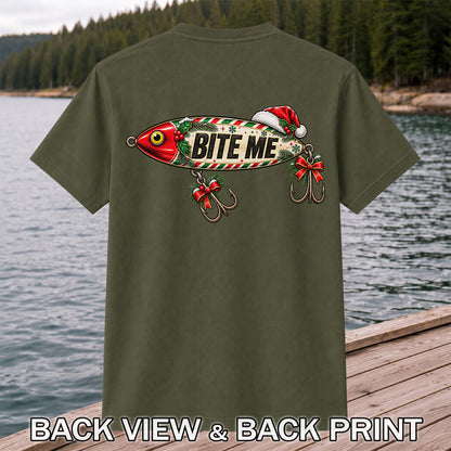 Bite Me Christmas Fishing Lure Funny Graphic T-Shirt | Back Print