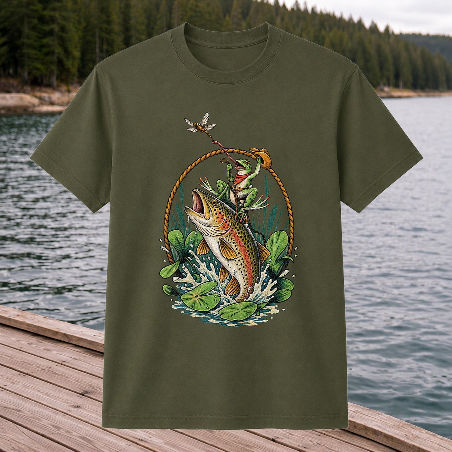 Frog Riding a Rainbow Trout Fishing Graphic T-Shirt