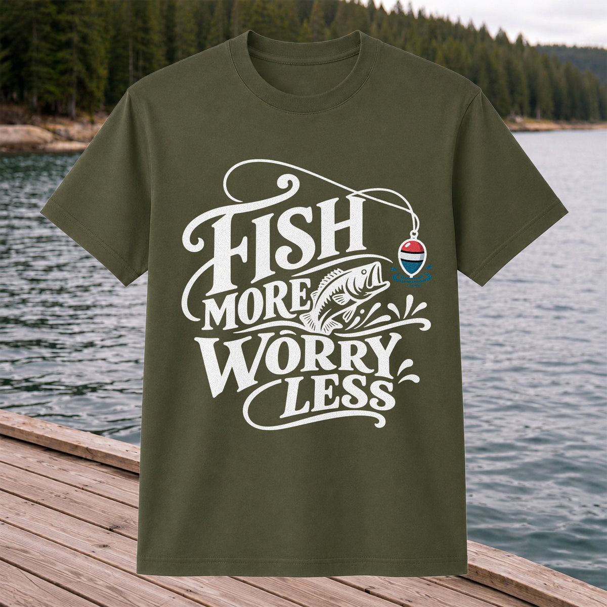 Fish More Worry Less Funny Fishing Graphic T-Shirt