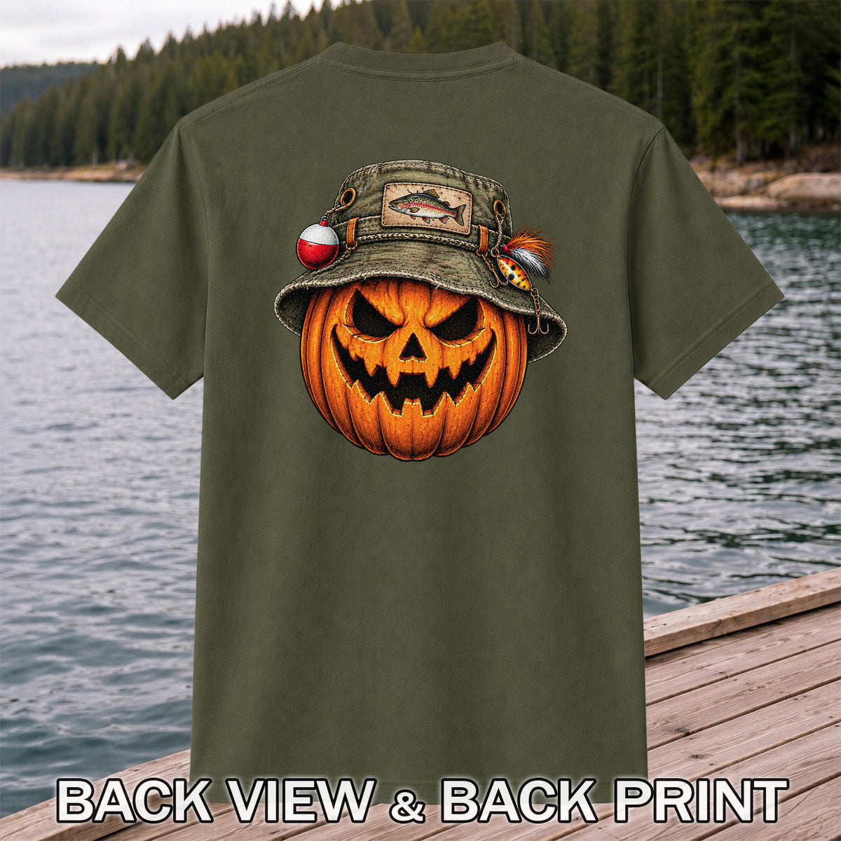 Halloween Pumpkin in a Trout Fishing Hat Graphic T-Shirt | Back Print