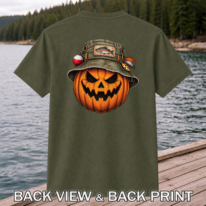Halloween Pumpkin in a Trout Fishing Hat Graphic T-Shirt | Back Print