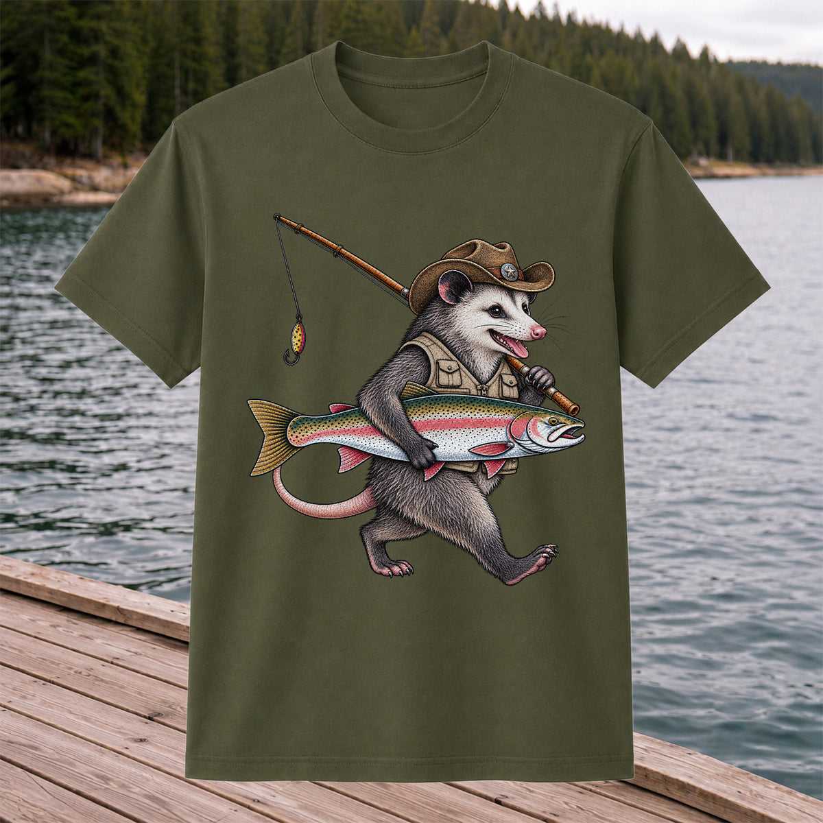Cowboy Opossum Holding Rainbow Trout Fishing Graphic T-Shirt