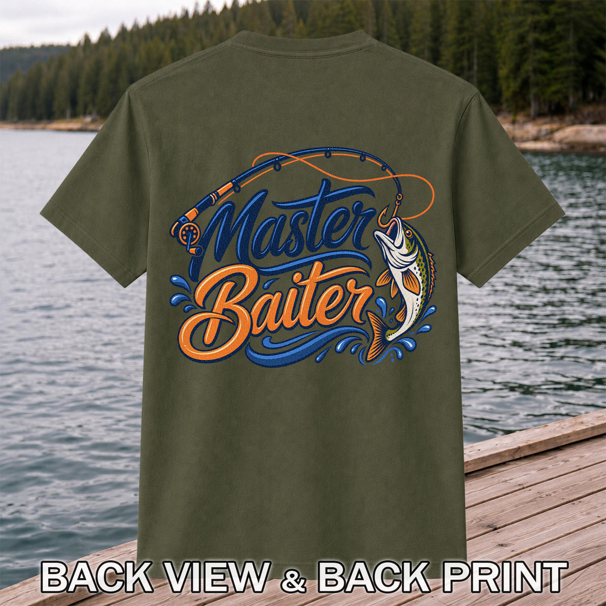 Master Baiter Funny Fishing Rod and Jumping Fish T-Shirt | Back Print