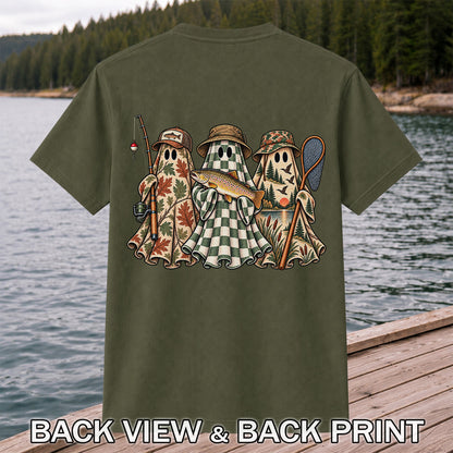 Autumn Ghost Trio with Brown Trout Halloween Fishing T-Shirt | Back Print
