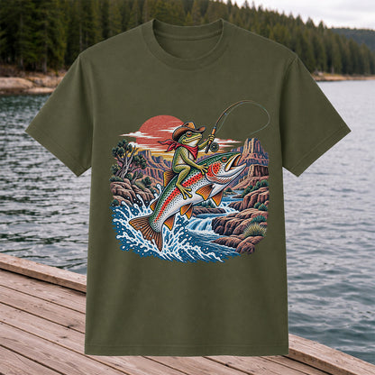 Cowboy Frog Riding a Rainbow Trout Canyon Fishing Graphic T-Shirt