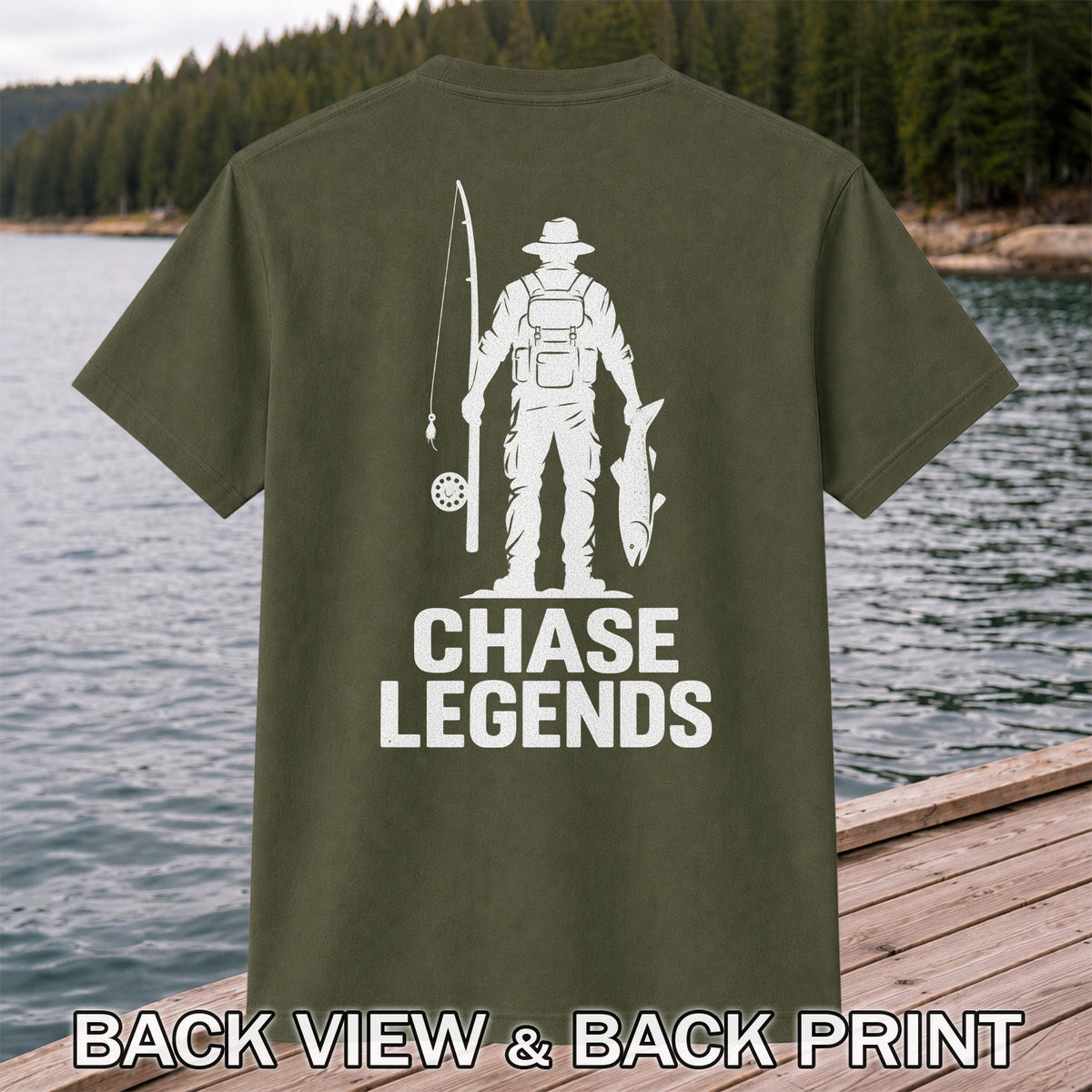 Chase Legends Fly Fishing Angler Silhouette Graphic T-Shirt | Back Print