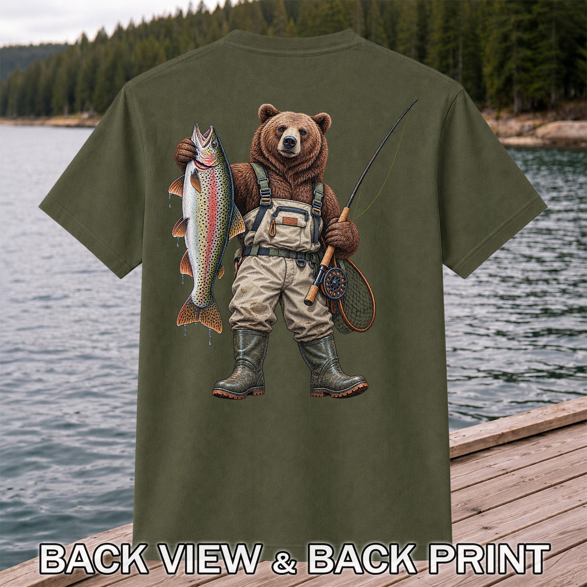 Bear Fishing with Rainbow Trout Outdoor Graphic T-Shirt | Back Print