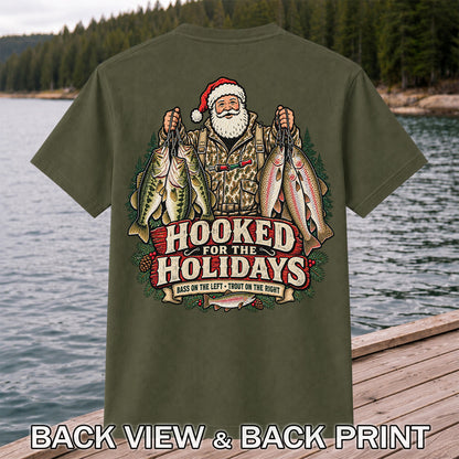 Hooked for the Holidays Bass on the Left Trout on the Right Santa Christmas Fishing T-Shirt | Back Print