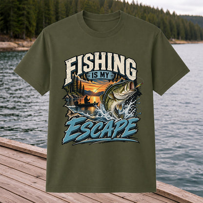 Fishing Is My Escape Jumping Bass and Sunset Lake Graphic T-Shirt