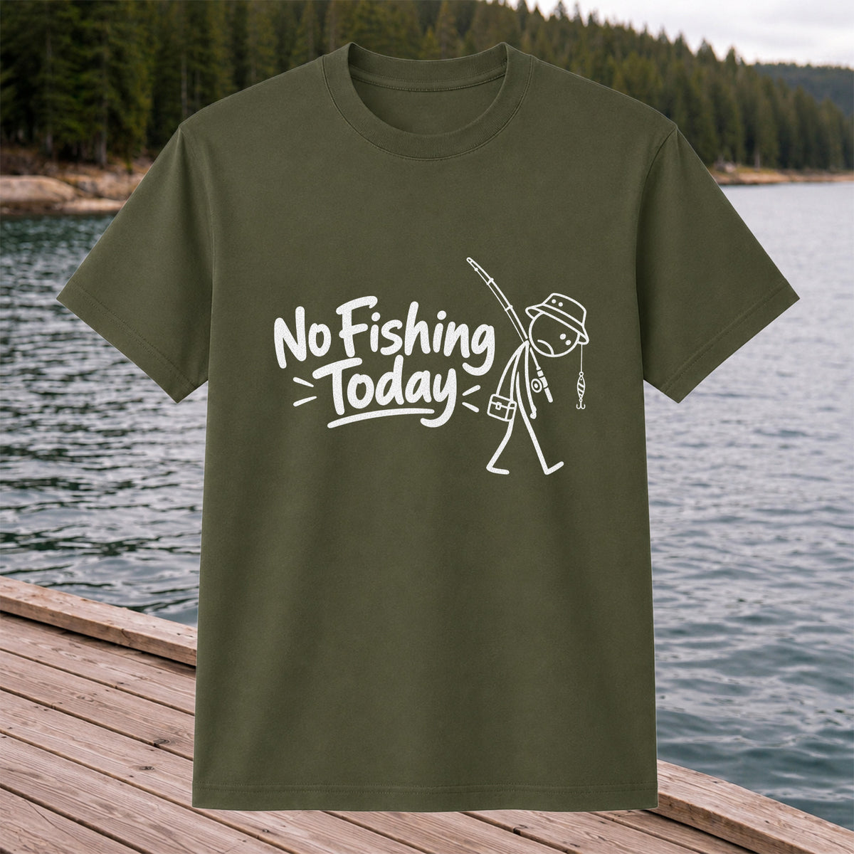 No Fishing Today Funny Stick Figure Angler Graphic T-Shirt