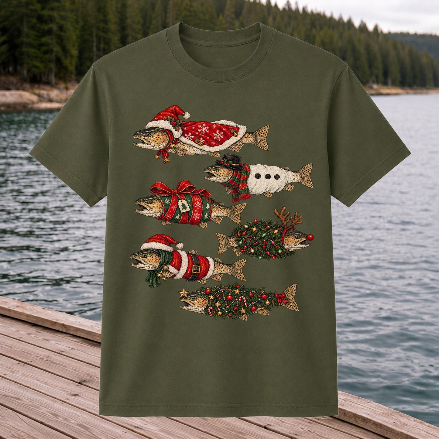 Christmas Trout in Festive Costumes Fishing Graphic T-Shirt