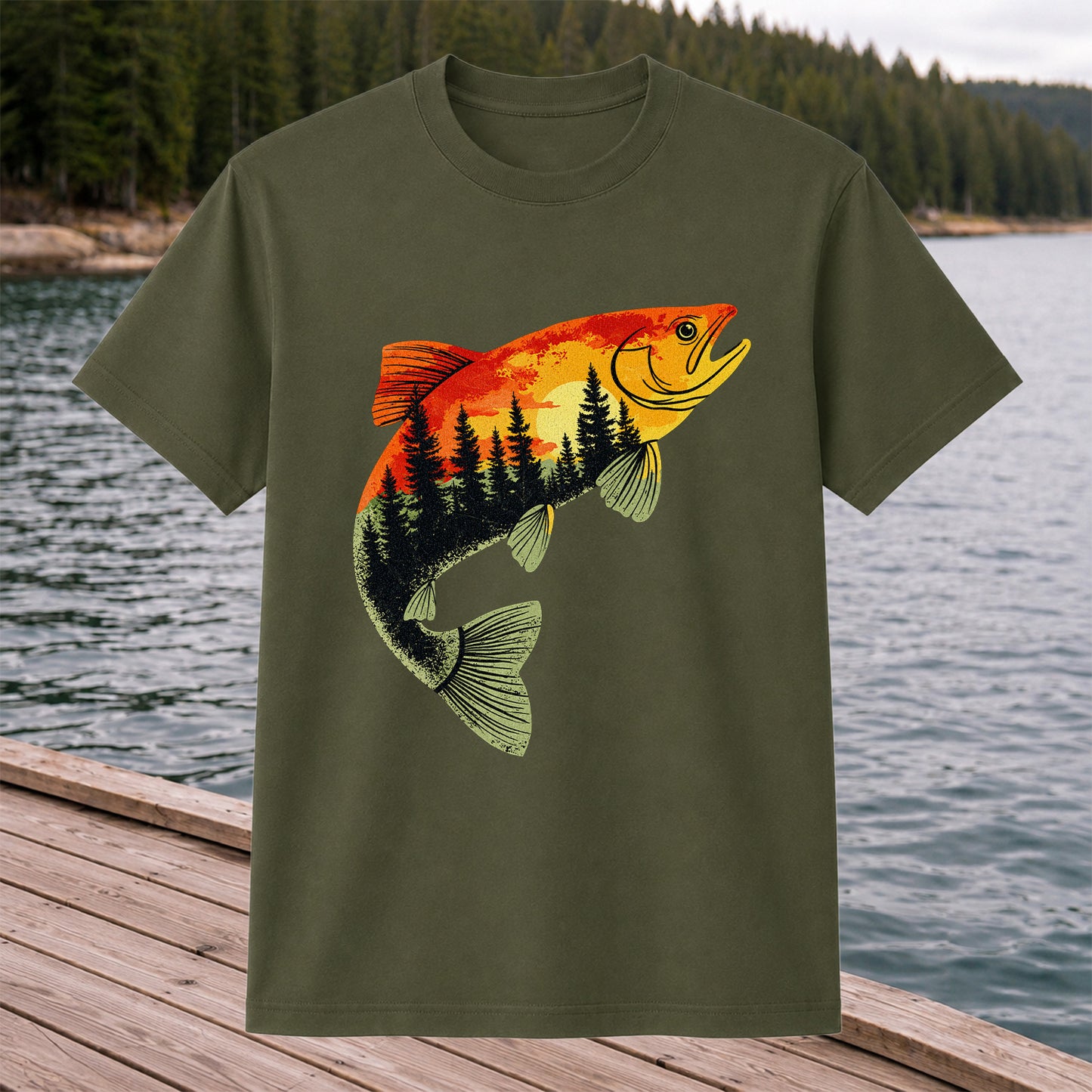Sunset Forest Trout Fishing Graphic T-Shirt