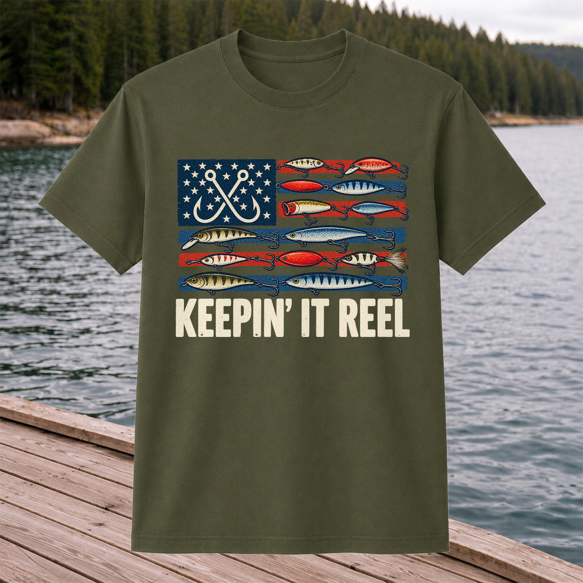 Keepin' It Reel American Flag Fishing Lures Graphic T-Shirt