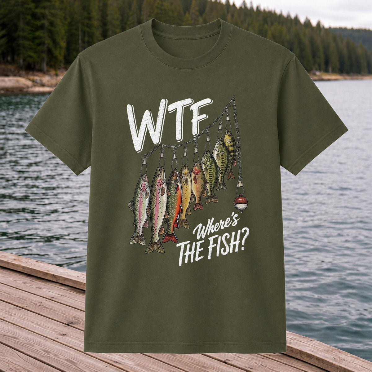 WTF Where's the Fish Trout and Bass Stringer Funny Fishing T-Shirt