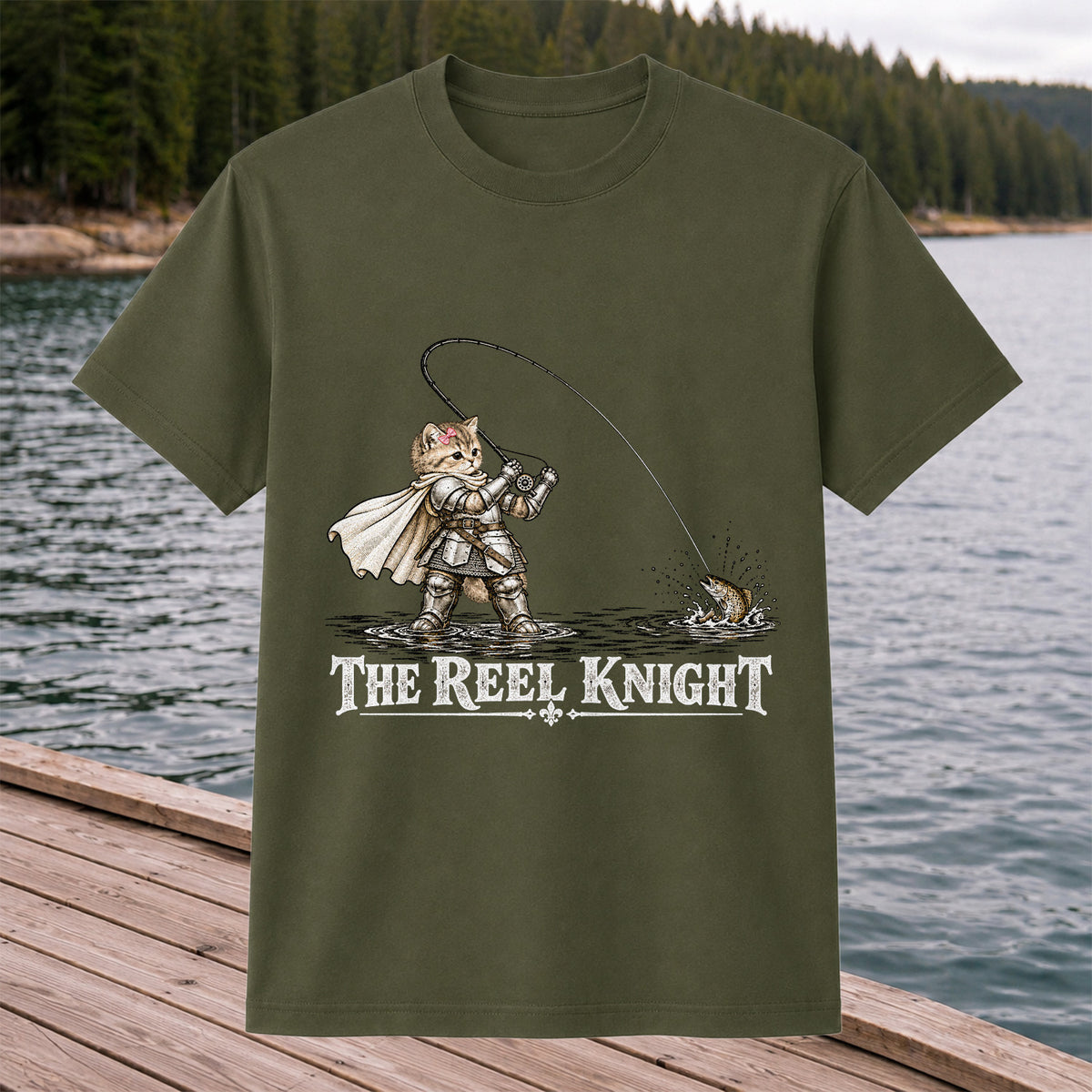 The Reel Knight Cat in Armor Funny Fishing Graphic T-Shirt