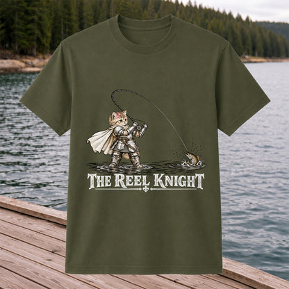 The Reel Knight Cat in Armor Funny Fishing Graphic T-Shirt