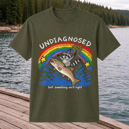 Undiagnosed But Something Ain't Right Raccoon Riding Trout T-Shirt