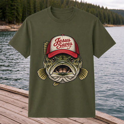 Jesus Saves Largemouth Bass in a Trucker Hat Fishing T-Shirt