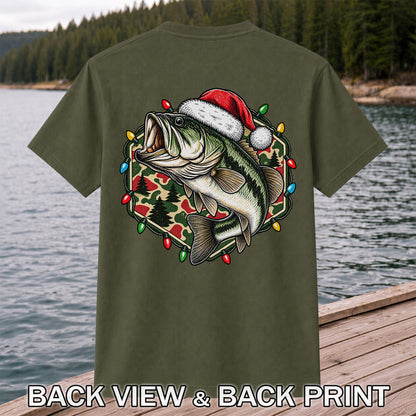 Santa Hat Largemouth Bass Christmas Fishing Graphic T-Shirt | Back Print