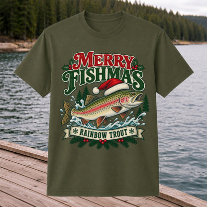 Merry Fishmas Rainbow Trout in Santa Hat Christmas Fishing T-Shirt
