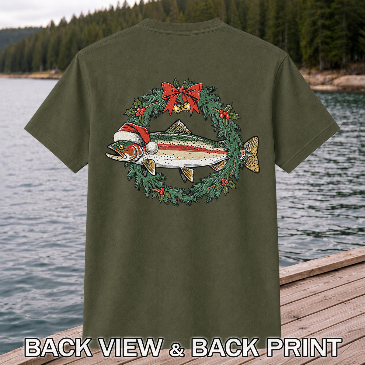 Christmas Trout Wreath Fishing Graphic T-Shirt | Back Print