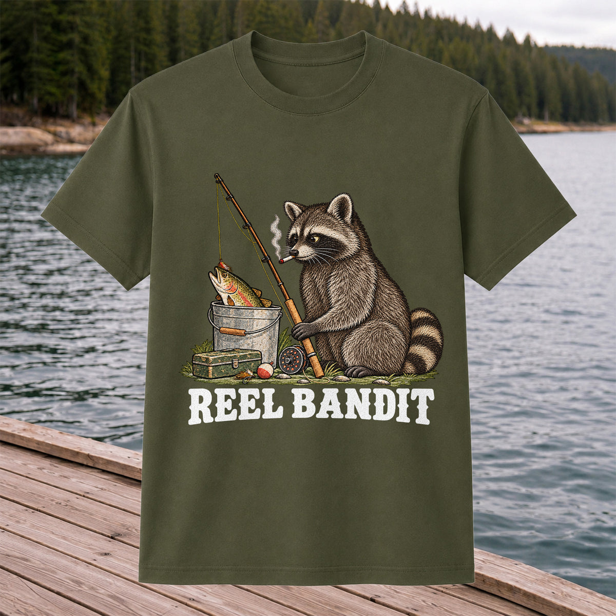 Reel Bandit Smoking Raccoon with Fishing Rod Funny T-Shirt