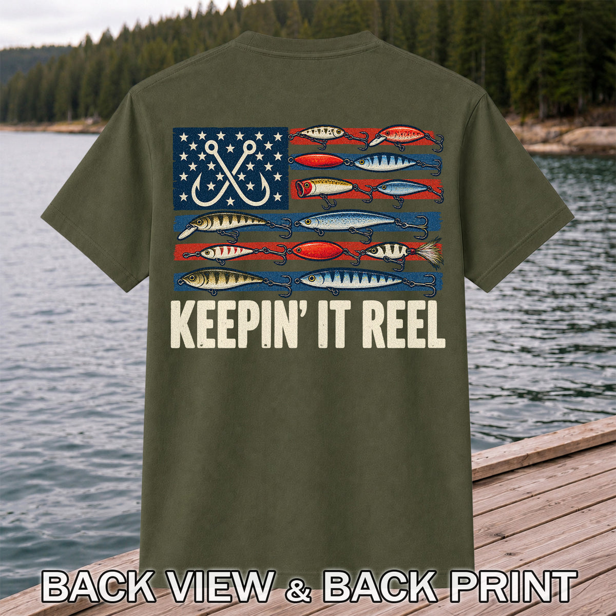 Keepin' It Reel American Flag Fishing Lures Graphic T-Shirt | Back Print