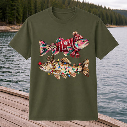 Festive Christmas Fish with Lights Fishing Graphic T-Shirt